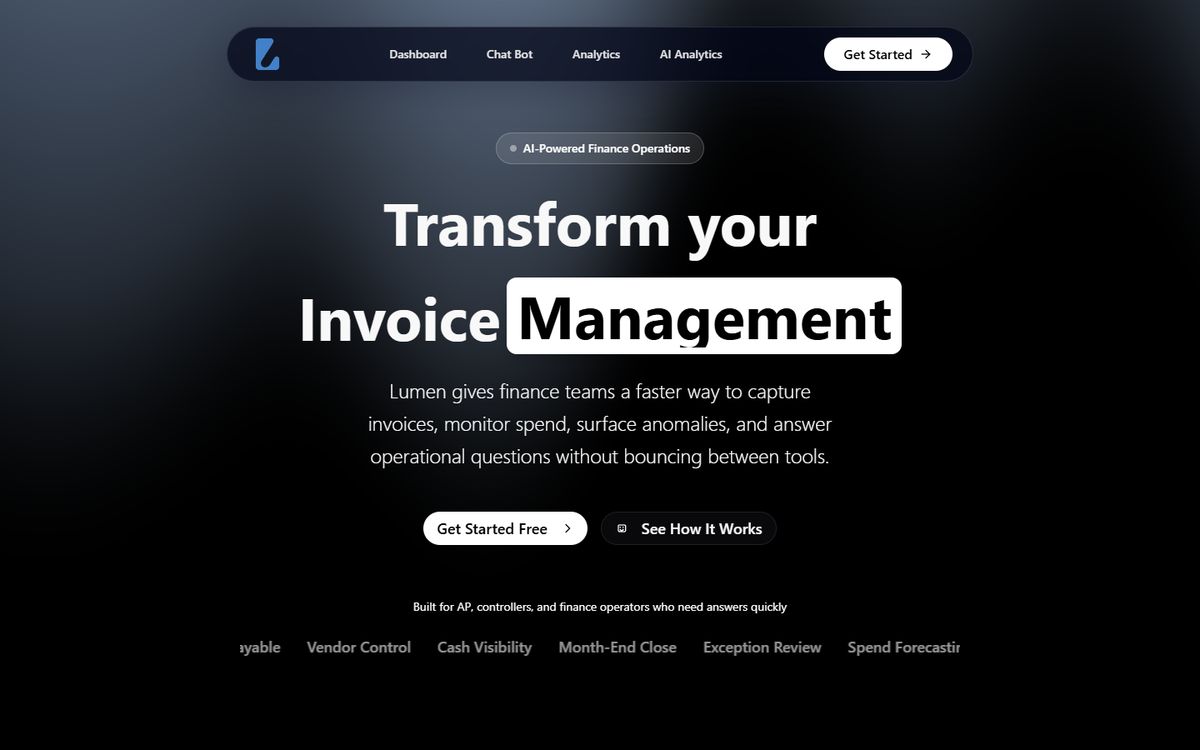 LUMEN landing page: “Transform your Invoice Management”.